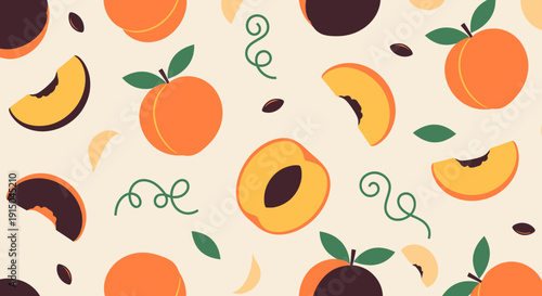 Fresh Apricots with Green Leaves and Pitted Halves Pattern
