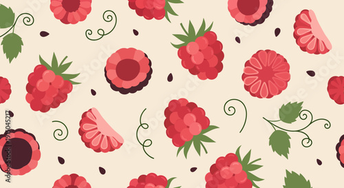 Colorful Raspberry Pattern with Green Leaves on Cream Background