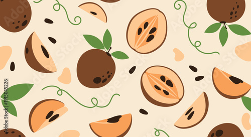 Seamless Pattern of Whole and Halved Nutritious Figs with Green Vines