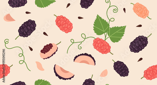 Colorful Mixed Berries and Green Leaves Pattern