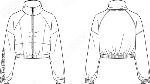 Cropped zip jacket technical fashion flat sketch front and back view sportswear bomber windbreaker apparel design illustration vector outline template