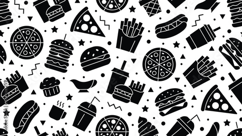 Fast food seamless pattern with burgers pizza fries and drinks for restaurant menu background