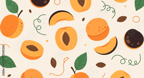 Fresh Apricot Fruits and Leaves on White Background