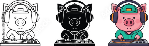Cool DJ pig wearing headphones and cap, mixing music on turntables, funny cartoon vector illustration for music events and parties.