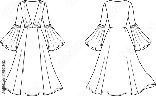 Elegant long sleeve dress technical fashion illustration, front and back view, women maxi dress flat sketch, flared sleeve detail, vector line drawing