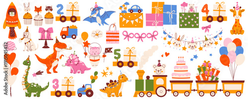 Kids birthday big set with festive elements for toddlers and preschoolers with cute characters, train, gift boxes, balloons. Modern retro flat vector illustration for party invitation, sticker