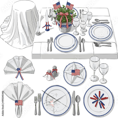I Need A Kinds of Different vector Art with a white background Elegant fourth of july backyard party table setting with american flags photo