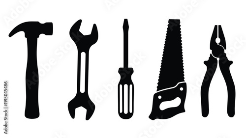 Set of manual hand tool silhouettes including hammer wrench screwdriver saw and pliers set