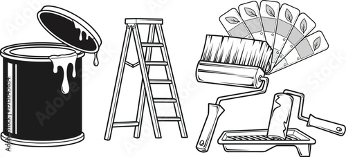 Painting, renovation, and DIY projects. Paint buckets with dripping paint and a ladder.