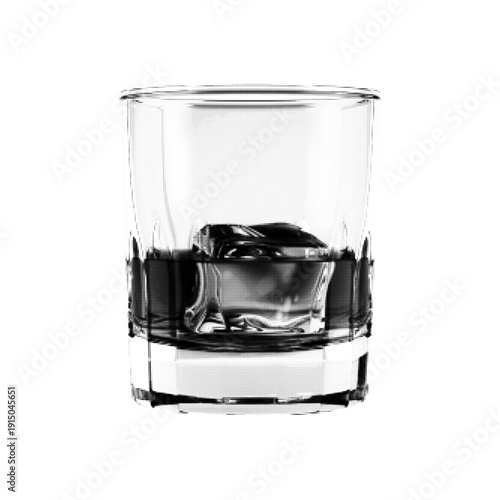Whiskey glass with ice cubes in halftone style isolated on white background. Classic alcohol drink illustration for bar, party, luxury lifestyle, and beverage design.