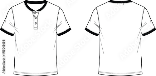 Front and back view technical drawing of men short sleeve henley t shirt, fashion flat apparel line illustration