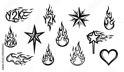 Y2K flame star and heart tattoo sticker vector set