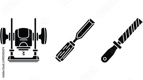Woodworking router chisel and rasp file black icons set for carpentry and craft projects