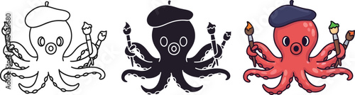 Creative octopus artist with beret and paintbrushes, cartoon vector illustration, symbolizing imagination and art creation in vibrant colors.