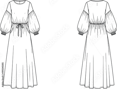 Front and back view technical drawing of women long sleeve maxi dress, fashion flat sketch apparel line illustration