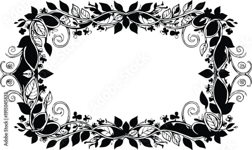 The image showcases an elegant, ornate frame that is black and white, featuring intricate designs of stylized leaves, vines, and curling tendrils. The frame is oval-shaped, giving it a classic and sop