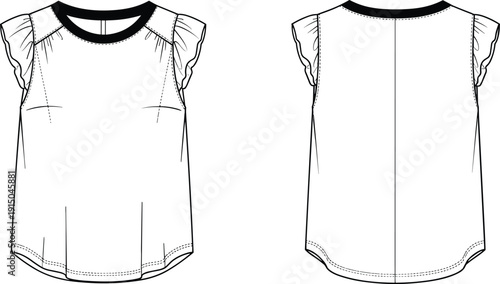 Front and back view technical drawing of women sleeveless ruffle blouse top, fashion flat sketch apparel illustration