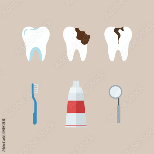 Flat vector illustration of dental care set featuring healthy and decayed teeth with toothbrush and toothpaste.