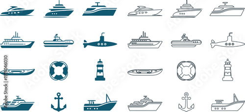 Nautical vessel and maritime equipment in blue and outline , yacht, ship, submarine, kayak