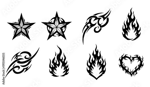 Y2K tribal flame star heart grunge sticker vector set