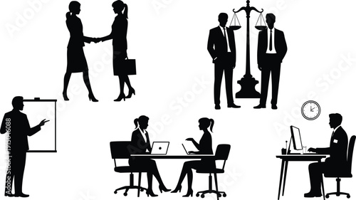 Silhouettes of business people engaging in various activities and settings handshake negotiation scales of justice
