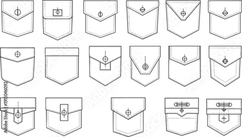 Garment pocket design set illustration, technical line drawings of shirt and jacket pockets, fashion apparel detail elements isolated on white background