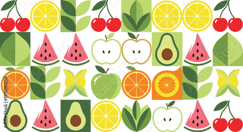 Colorful Fruit Seamless Pattern with Apple, Lemon, Orange, Watermelon, Avocado, and Cherry on Geometric Background for Textile and Kitchen Design