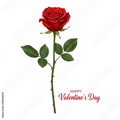 A single red rose with a valentine's day message on a white background isolated on transparent background
