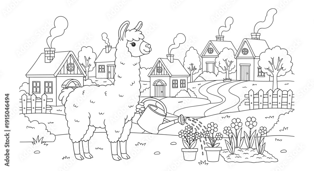 Obraz premium Whimsical Illustration of a Town with a Llama