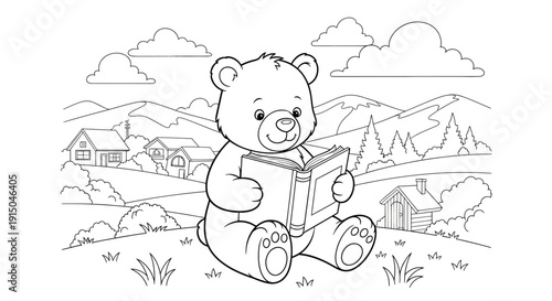 Cute Bear Reading Book in Nature Scene for Kids