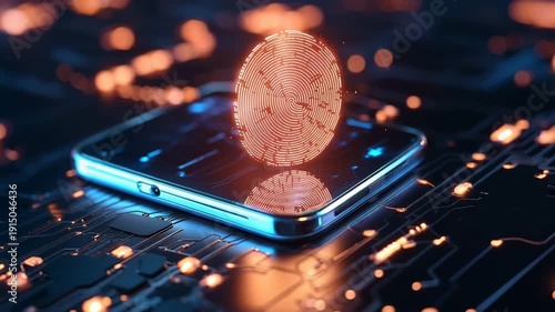 Futuristic Smartphone with Glowing Digital Coin and Fingerprint Symbol of Cryptocurrency, Blockchain, and Biometric Technology Integration in Digital Finance and Secure Cyber Environment