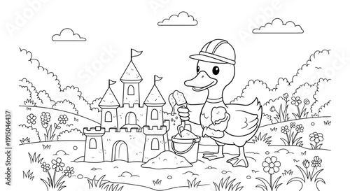 Coloring Page of Friendly Castle and Happy Duck in Fantasy Landscape