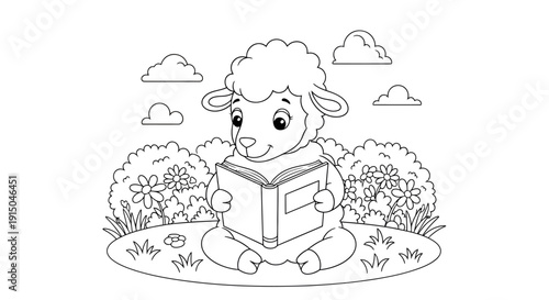 Cute Bear Reading Book in Cartoon Nature Scene