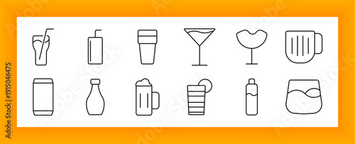 Beverage set icon. Juice, smoothie, cocktail, coffee cup, milk bottle, soda can, glass with lemon, reusable bottle, beer mug, wine glass, drinkware, refreshment, bar
