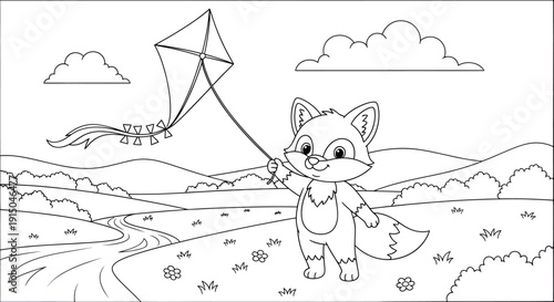 Cute Cartoon Fox Flying Kite in Open Landscape
