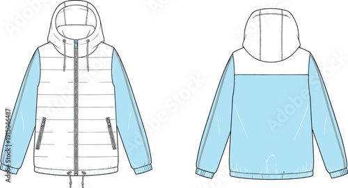 Hooded puffer jacket technical illustration, front and back view, insulated winter outerwear fashion apparel design with zipper isolated on white background