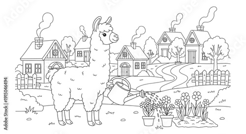 Whimsical Illustration of a Town with a Llama
