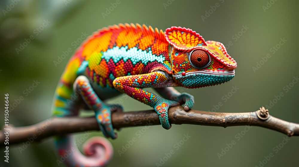 Fototapeta A brightly colored chameleon changing color on a branch copy space for highlighting adaptability or versatility. (Change