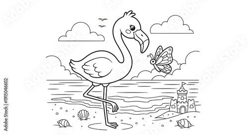 Cute Flamingo Standing in Pond with Butterfly and Coastal Scene