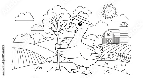 Cartoon Duck Holding Tree in Farming Landscape Illustration