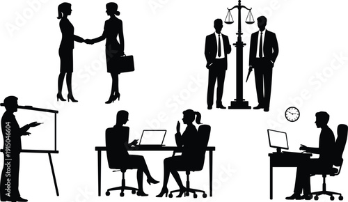 Silhouettes of business people engaging in various activities and interactions handshake businesswoman