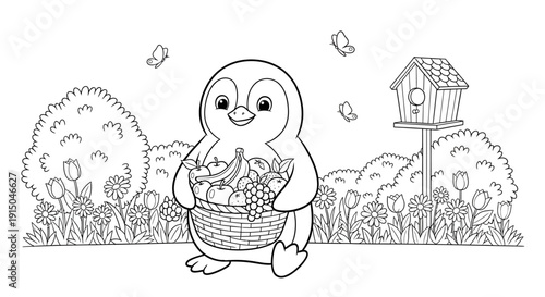 Cute Duckling with Basket of Flowers in Nature Scene