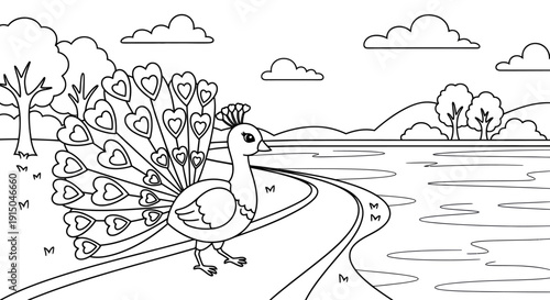 Coloring Page of Graceful Peacock by Lake with Trees and Clouds