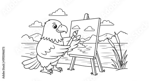 Cute Toucan Painting Artist Illustration in Nature Scene