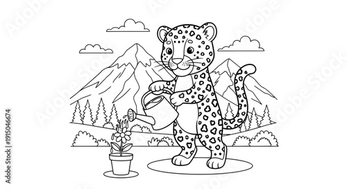 Cute Baby Leopard Illustrative Drawing with Nature Landscape