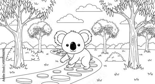 Cute Koala Baby in Forest Scene with Trees and Clouds