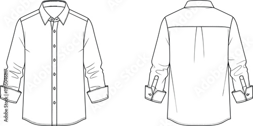 Long sleeve button down shirt technical fashion flat sketch front and back view casual menswear apparel illustration vector outline