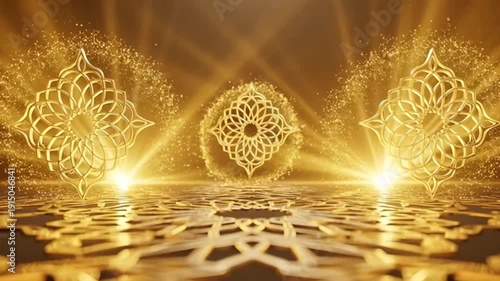 Golden Ornate Arabesque Patterns with Light Rays and Sparkles