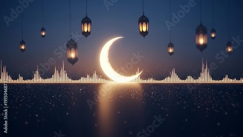 Islamic Crescent Moon and Lanterns with Soundwaves