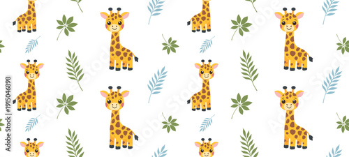 Cute giraffe and tropical foliage seamless pattern for nursery textile design